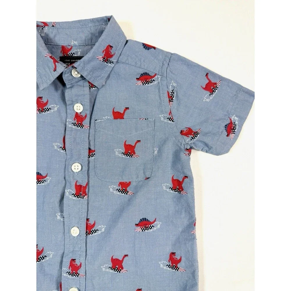 THE CHILDREN’S PLACE Toddler Boy Dinosaur Button Down Shirt Size 2T Blue Cotton